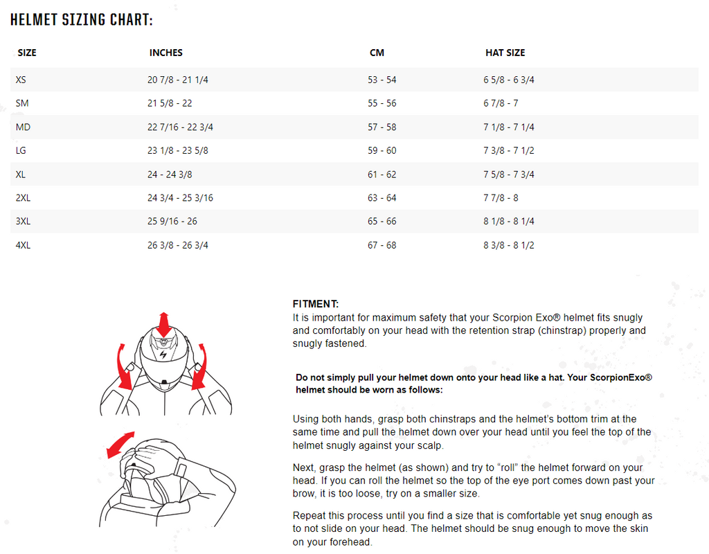 Scorpion EXO-R1 Air Carbon Onyx Full Face Motorcycle Helmet - size chart